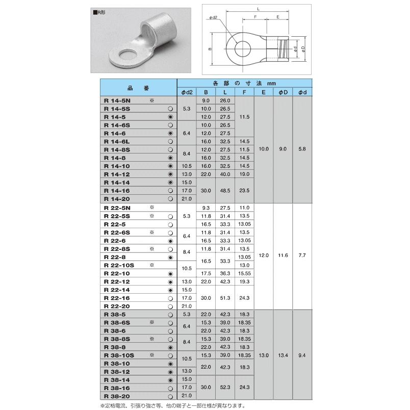 ニチフ R38-6S 【100個入り】 銅線用裸圧着端子(R形)丸形 ニチフ R38-6S 【100個入り】 銅線用裸圧着端子(R形)丸形