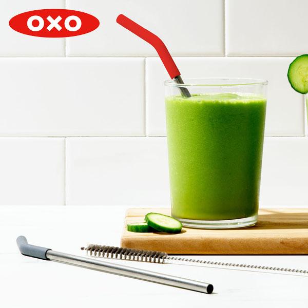 OXO ステンレス ストローセット クリーニングブラシ付 レッド/グレー 11297800 オクソー Good Grips 使いやすい エコ ストロー))｜n-kitchen
