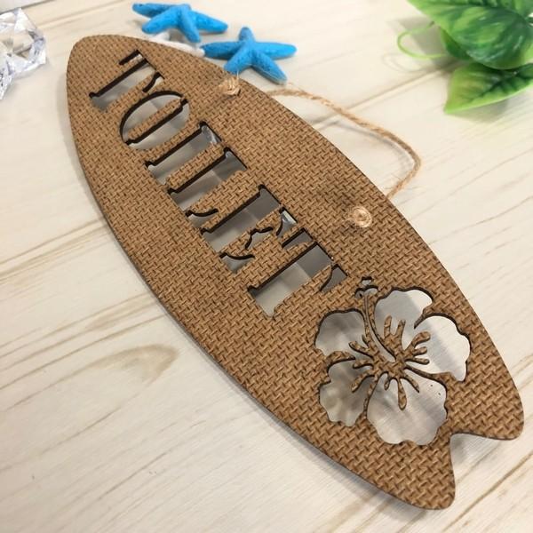 ボード、飾りプレート、板、一点物、子供の絵、トイレプレート ☆ハンドメイド☆サーフボード型 トイレプレート ハワイアン調 サイン