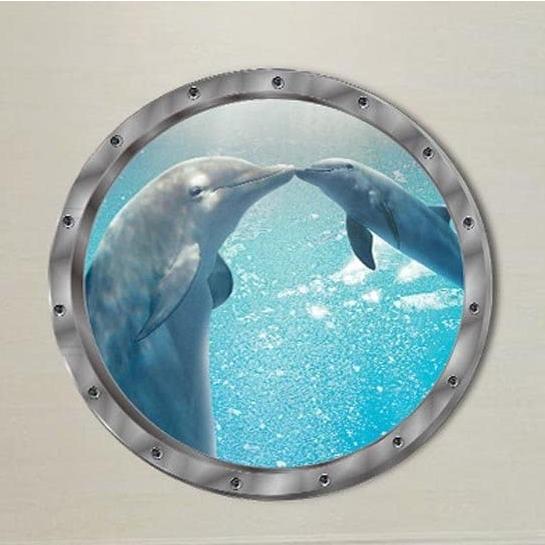 ウォールステッカー 潜水艦窓 イルカのスキンシップ 壁シール 海中 ほのぼの ブルー 洗濯機 冷蔵庫 送料無料