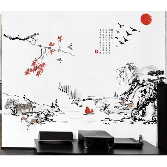 ウォールステッカー 和風 中国 水墨画 風景 はがせる 壁紙シール もみじ 松の木 漢字 家 船 送料無料 Nature Calligraphic Works Tree N M 通販 Yahoo ショッピング