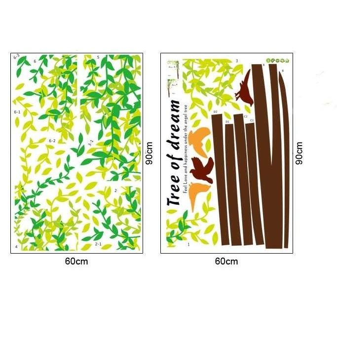 ウォールステッカー 大サイズ ツリーオブドリーム 壁紙シール 細長い木 北欧風 緑葉 鳥 縦長｜n-m｜06