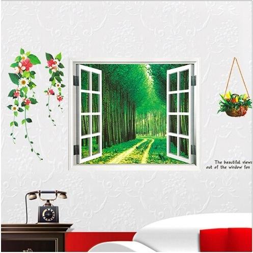 ウォールステッカー 窓 森林の風景 壁シール 鮮やかな緑と花 斜め道 貼り方簡単 傷補修 送料無料