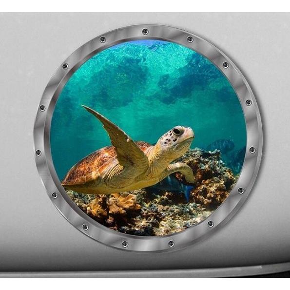 ウォールステッカー 潜水艦窓から ウミガメ 3D壁シール エメラルドグリーンの海底 送料無料｜n-m｜03