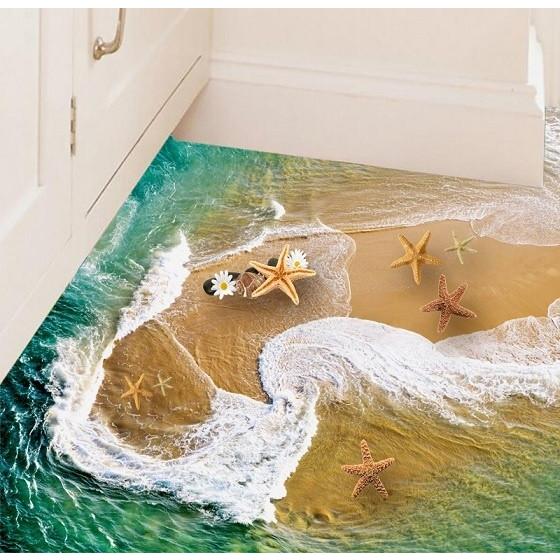ウォールステッカー 押し寄せる波の砂浜 ヒトデ 3D 床シール 青緑の海