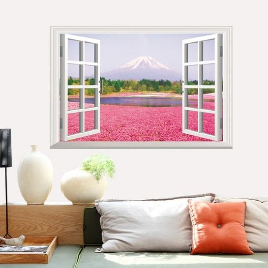 ウォールステッカー 窓から見える 富士山 新版 本栖湖と芝桜 新生活 壁紙シール 絶景 はがせる 美しい景色 送料無料