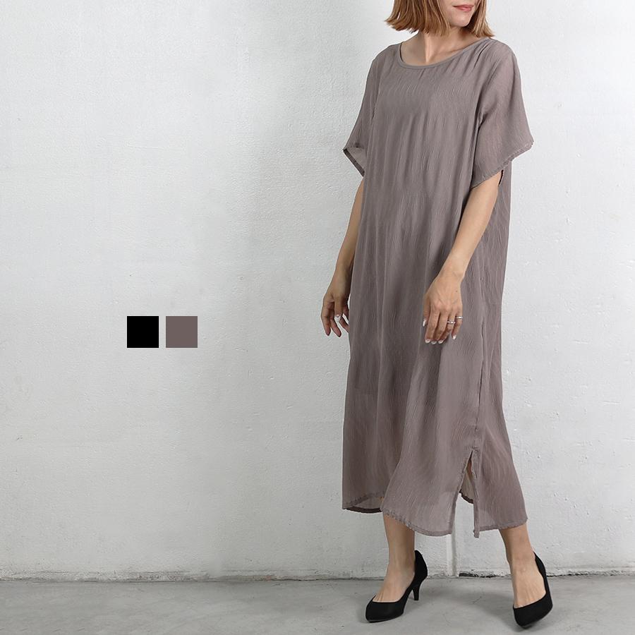 ワンピース レディース ロング丈 半袖 シフォン 楊柳 クルーネック 無地 黒 グレージュ インナー付き 透け感 フェミニン ドレス 送料無料 B Sltop V N Mart 通販 Yahoo ショッピング