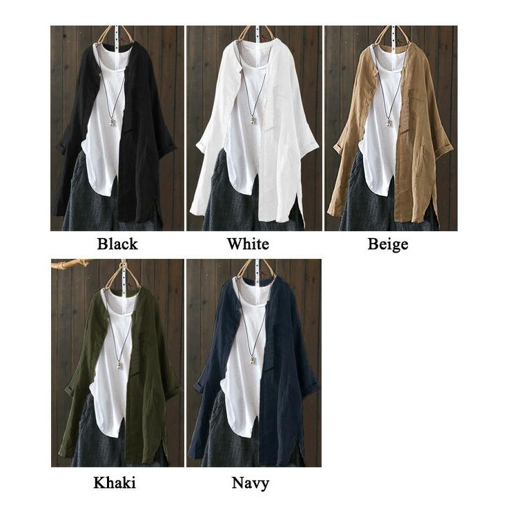 シャツ レディース 七分袖 ブラウス トップス 綿麻 麻混 羽織 秋 長袖