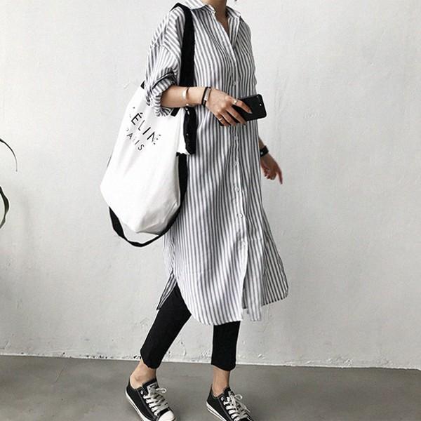 ロングシャツワンピース トップス ワンピース ストライプ 長袖 ロングシャツワンピース トップス ワンピース ストライプ 長袖