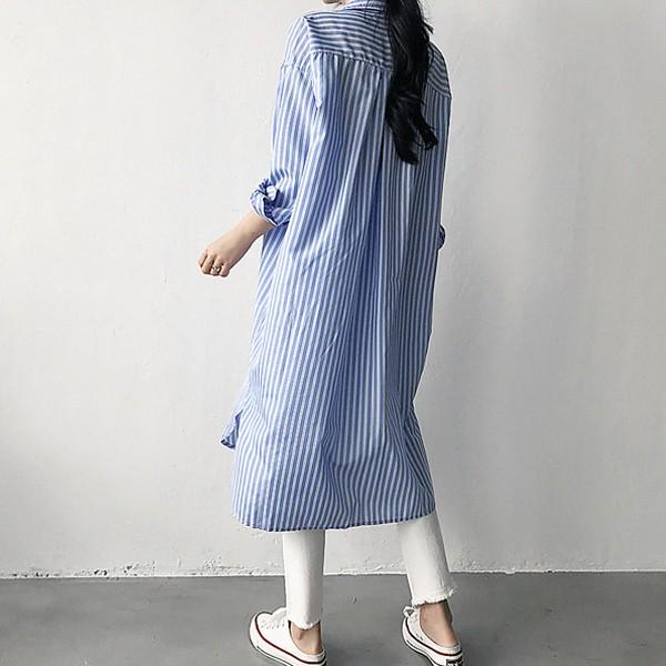 ロングシャツワンピース トップス ワンピース ストライプ 長袖 膝丈