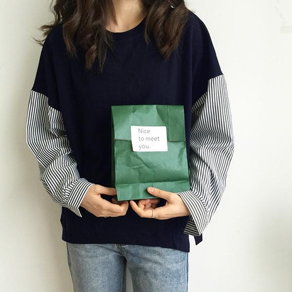 カットソー レディース 長袖 春 シャツ 異素材 切り替え ストライプ トップス フリーサイズ 送料無料　  爆買 |  | 15