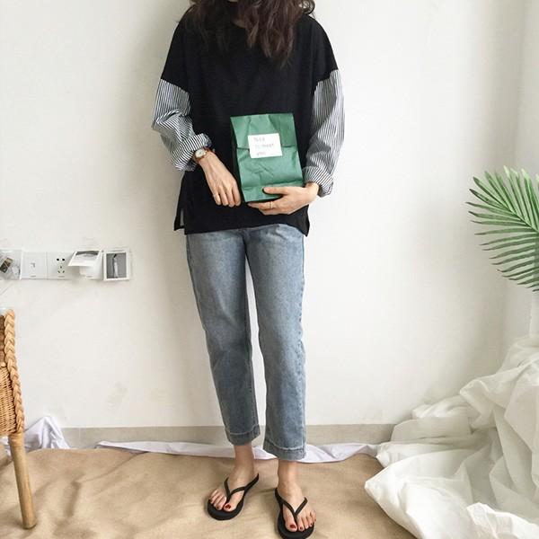 カットソー レディース 長袖 春 シャツ 異素材 切り替え ストライプ トップス フリーサイズ 送料無料　  爆買 |  | 05