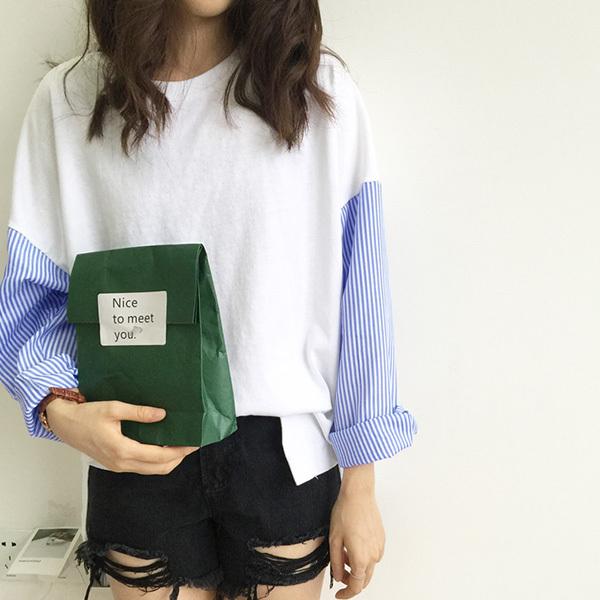 カットソー レディース 長袖 春 シャツ 異素材 切り替え ストライプ トップス フリーサイズ 送料無料　  爆買 |  | 08