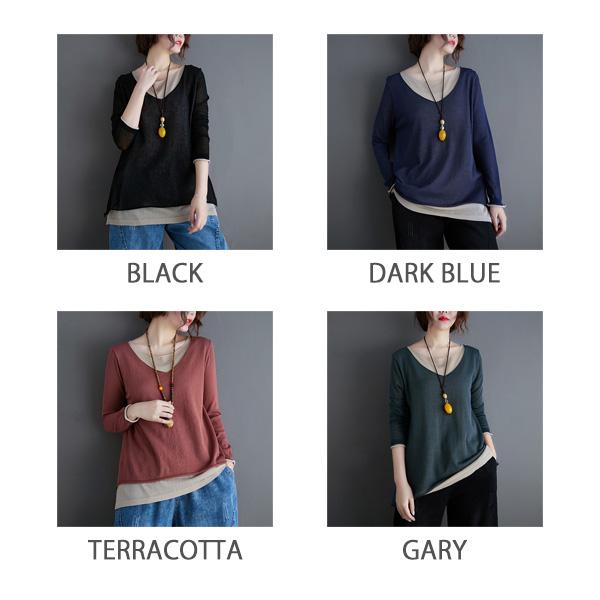 カットソー レディース Tシャツ トップス レイヤード風 Vネック 長袖