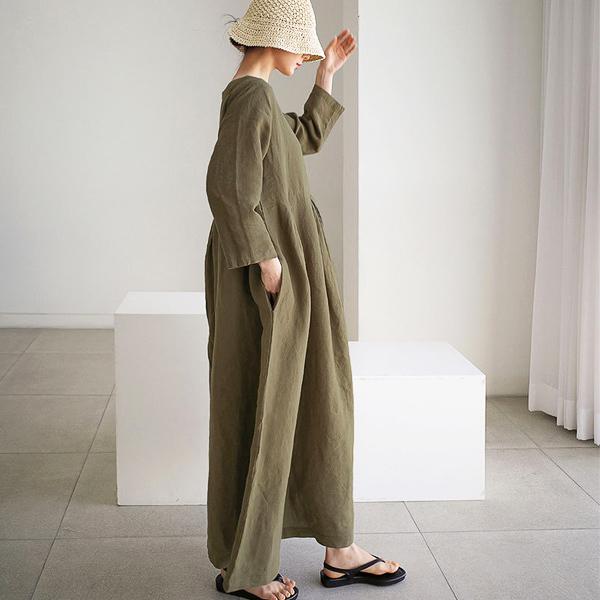 ワンピース 綿麻 混 リネン ロング 無地 長袖 7分袖 ボートネック