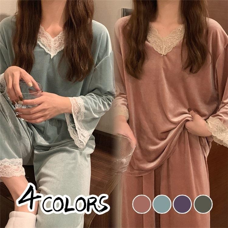 パジャマ レディース モコモコルームウェア 秋冬 長袖 パジャマ レースvネック ルームウェア ベルベット 暖かい 上下セット 可愛い 厚手 部屋着 オシャレ 今日の超目玉