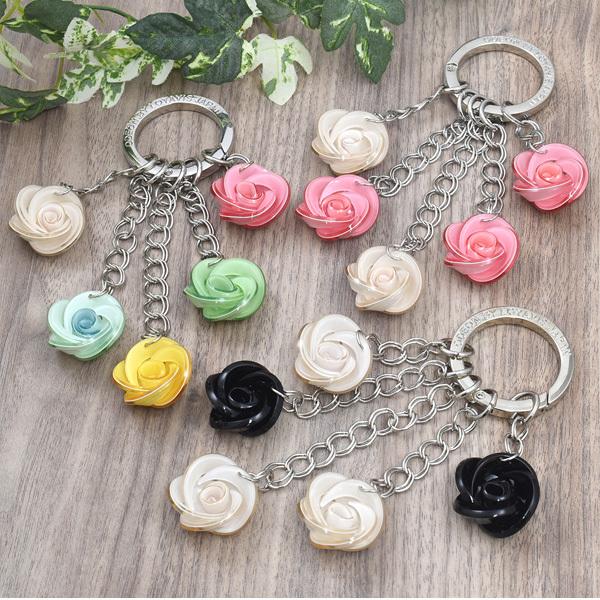 ミニ薔薇の六角水中花❤ヴィトライユビーズのキーリング兼バッグチャーム❤ バッグチャーム ミニ薔薇5連 ローズ キーリング かわいい キーホルダー
