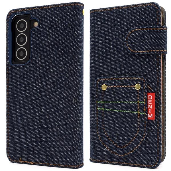 Galaxy S22 ケース 手帳型 ブラックデニム調 ジーンズデザイン