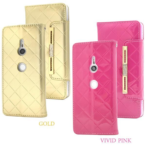 Xperia XZ3 ケース 手帳型 エナメル ラインストーン ミラー付