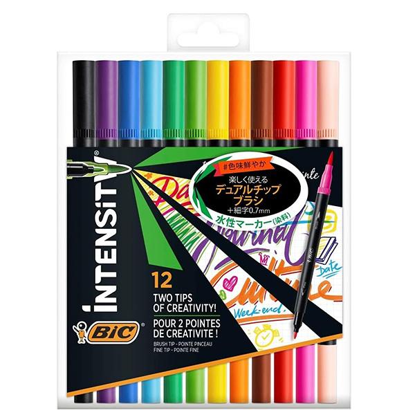 水性ペン 筆ペン 塗り絵 デュアルチップ マーカー 12色×12本　セット売り BIC（ビック） 水性ペン 筆ペン カラーペン 12色 塗り絵 インテン