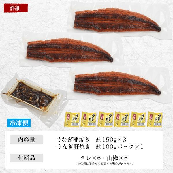 うなぎ 国産 蒲焼き 3尾 150g×3 計450g 無頭 肝焼き100g付 鹿児島県産