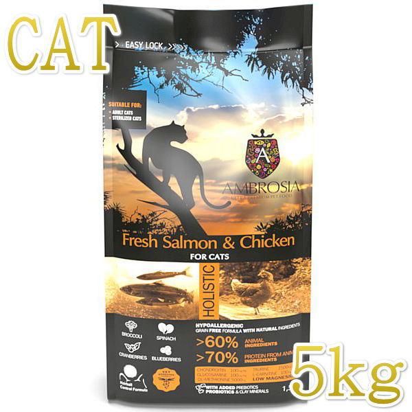 最短賞味2027.9.15・アンブロシア 猫 キャットサーモン＆チキン 5kg 全猫用 特にインドア/避妊去勢/仔猫ドライフード正規品amb32347 | 