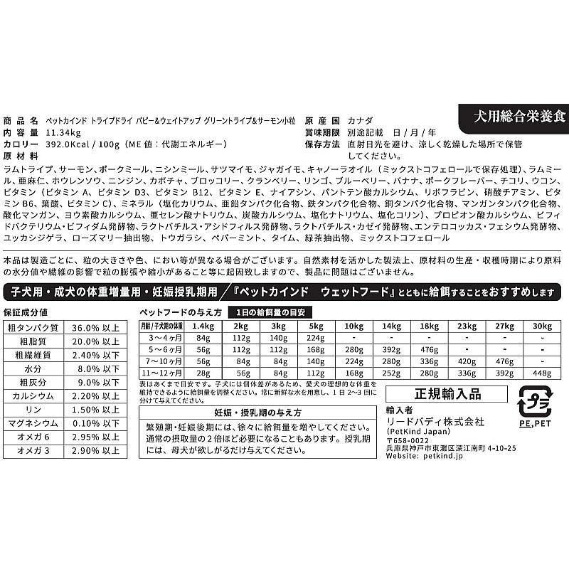 NEW 最短賞味2027.6.19・ペットカインド 犬 パピー＆ウェイトアップ グリーントライプ＆サーモン小粒 11.34kg トライプドライ子犬用PetKind正規品pk07002 | ペットカインド | 05