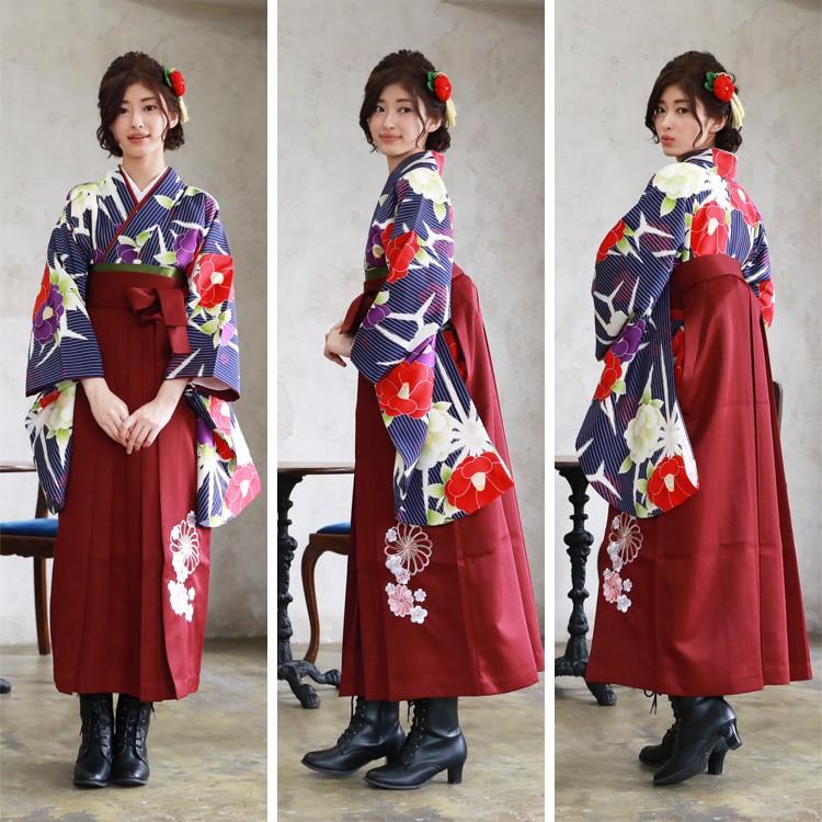 卒業式 袴4点セット 白黒の縞地に赤ピンク大椿2093-3068-52-4set 袴 セット 卒業式 女性 4点セット「二尺袖：ストライプブーケプラム＋