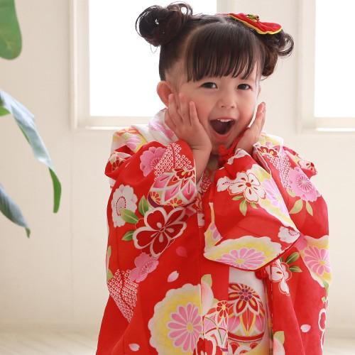七五三 着物 3歳 レンタル 女の子 被布着物8点セット「朱色地に鞠と