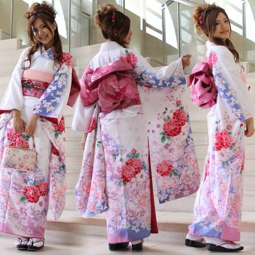 振袖 レンタル セット 20点フルセット 「白 青 ピンク 牡丹 花」 2月