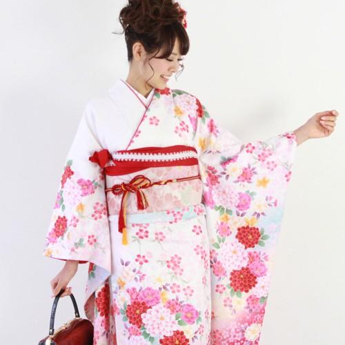 振袖 レンタル セット 20点フルセット 「白 ピンク 桜 牡丹」 2月〜12