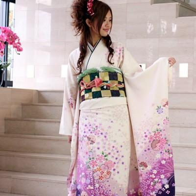 振袖 レンタル 成人式 セット20点フルセット「白 紫 桜 ホワイト パープル」成人式から結婚式やフォーマルまで