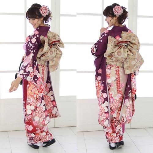 振袖 レンタル 成人式 セット 20点フルセット 「紫 オレンジ 桜 蝶