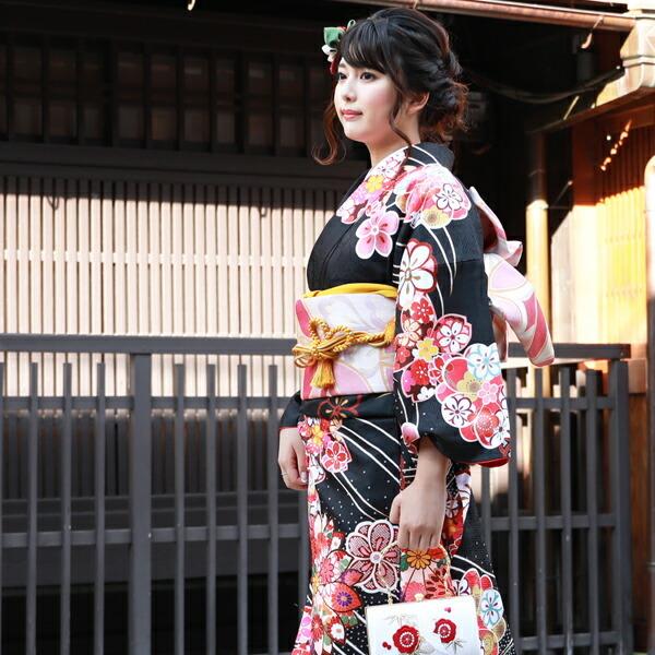 最大20日間レンタル 成人式 振袖レンタル 20点フルセット 派手 「黒地