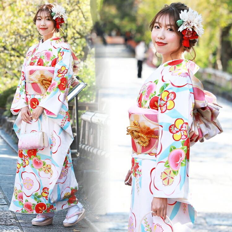 最大20日間レンタル 成人式 振袖レンタル 20点フルセット 派手「白地に