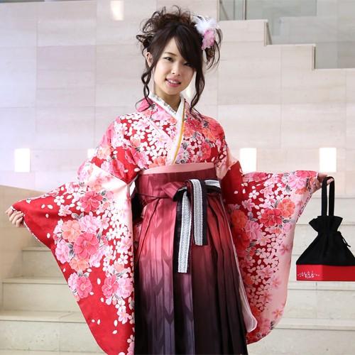 卒業式 袴 レンタル 赤とピンクの染め分け地にピンク系八重桜と小桜の花吹雪 女 袴セット 女 卒業式袴セット2尺袖着物 袴 フルセットレンタル 安い Re H Ky0151 なでしこレンタル 通販 Yahoo ショッピング