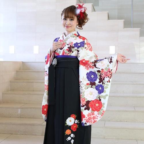 卒業式 袴 レンタル「白地に赤と紫の八重椿にピンク八重桜」 女 袴