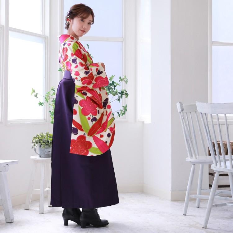 卒業式 袴4点セット クリーム地に赤・青・金の牡丹 梅 松0171 袴 セット 卒業式 女性 4点セット「二尺袖：牡丹に菊 アッシュベージュ