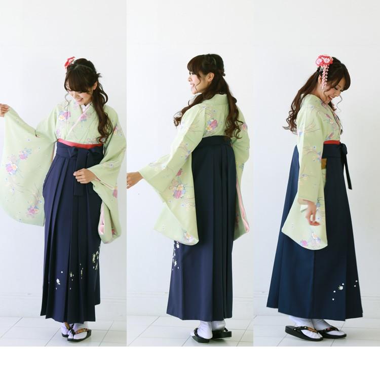 卒業式 袴4点セット 緑地に桜の花玉と水引0190 卒業式 袴 レンタル 「緑地に桜の花玉と水引 リボン グリーン」 女 袴