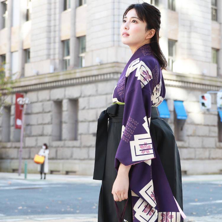 卒業式 袴 フルセットレンタル 「紫地にピンクの桜と源氏香 レトロ