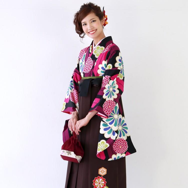 卒業式 袴 レンタル 女 袴セット 卒業式袴セット 2尺袖着物＆日本製袴 フルセットレンタル 安い「紫地にピンク矢絣 菊 ひねり梅」