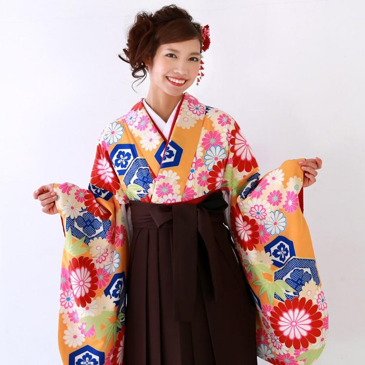 卒業式 袴 レンタル 女 袴セット 卒業式袴セット 2尺袖着物＆日本製袴 フルセットレンタル 安い「オレンジ地に菊 竹 古典」