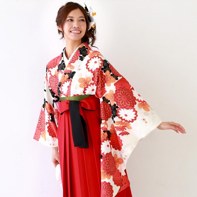 卒業式 袴 レンタル 女 袴セット 女 東レシルック 卒業式袴セット2尺袖着物＆袴 「白地に黒梅と金彩縁取り赤八重菊」 卒業式 袴 レンタル 女 袴セット 東レシルック 卒業式袴セット 2尺袖