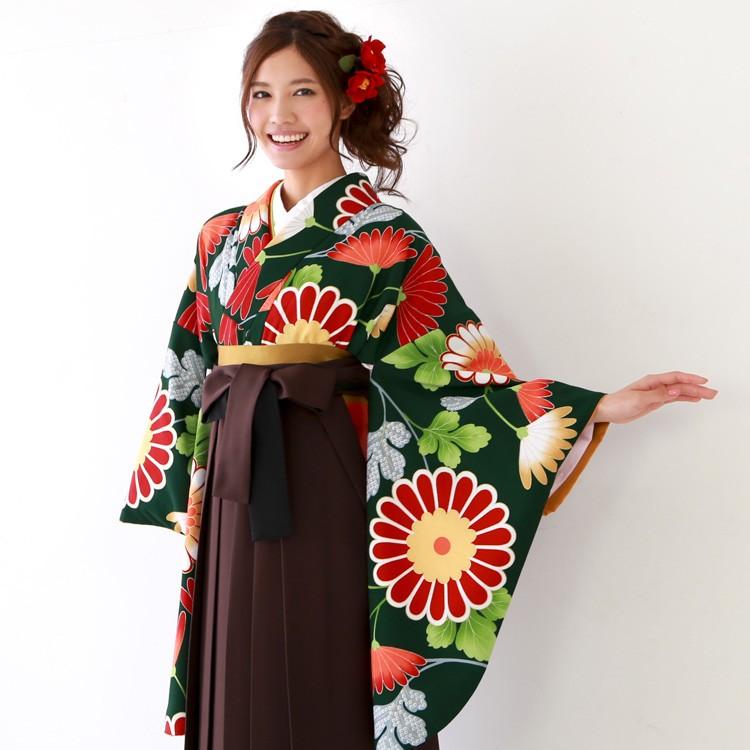 卒業式 袴 レンタル 女 袴セット 東レシルック 卒業式袴セット 2尺袖着物＆日本製袴 フルセットレンタル 「緑地にモダン赤・オレンジぼかし菊」