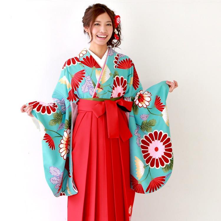 卒業式 袴 レンタル 女 袴セット 東レシルック 卒業式袴セット 2尺袖着物＆日本製袴 フルセットレンタル 「水色地にモダン赤・白ぼかし菊」