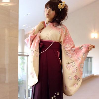 卒業式 袴 レンタル 「クリームとピンクのぼかし地に八重桜と桜と