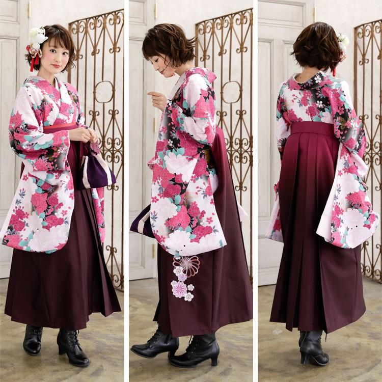 卒業式 袴 レンタル 「黒地にピンク紫バラと桜＆金蝶」 女 袴セット