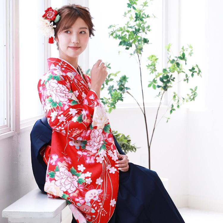 卒業式 袴5点セット  レディース 大学生 赤地に古典調牡丹と撫子070 SOUBIEN（創美苑） レンタル 卒業式 袴 フルセット 女性 袴セット 白