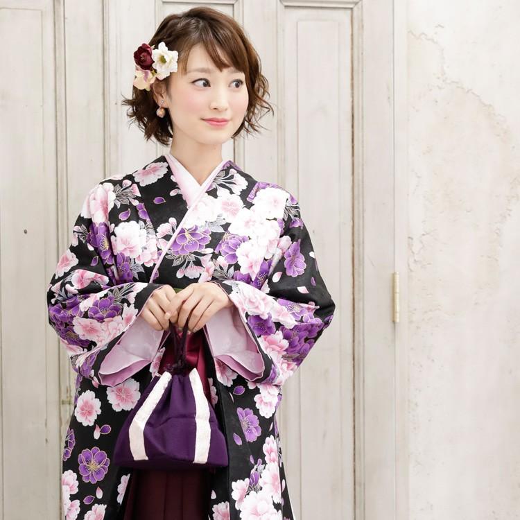 卒業式 袴 レンタル 「黒地にピンクと紫の金縁取り八重桜」 女 袴