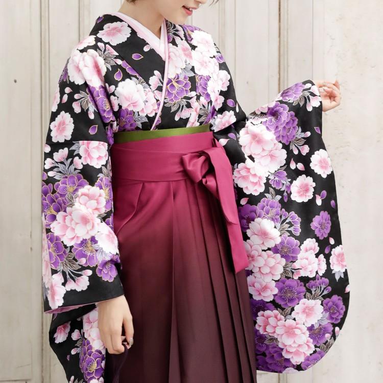 卒業式 袴 レンタル 「黒地にピンクと紫の金縁取り八重桜」 女 袴
